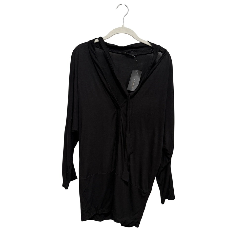 BCBGMaxAzria Jersey‎ Tie Neck Scarf Blouse L Black Silk Rayon NWT V-Neck Top